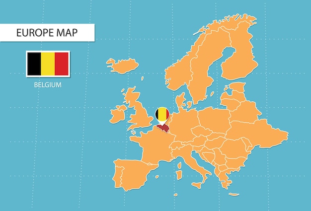 Mapa de Bélgica en Europa, iconos que muestran la ubicación y las banderas de Bélgica.