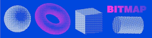 Mapa de bits pixelado formas d simples conjunto dither medio tono colección de objetos geométricos esfera pixelada