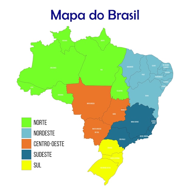 Mapa de Brasil dividido por regiones con nombres de estado