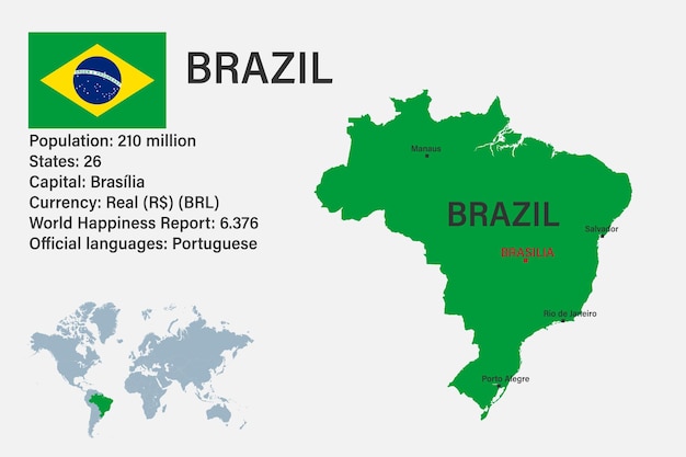 Mapa de Brasil muy detallado con capital de bandera y pequeño mapa del mundo