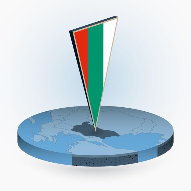 Mapa de Bulgaria en estilo isométrico redondo con bandera triangular 3D de Bulgaria