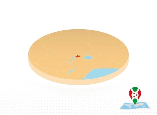 Mapa de burundi diseñado en un mapa de círculo naranja de estilo isométrico