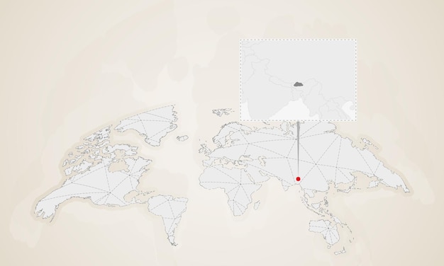 Mapa de bután con países vecinos en el mapa mundial