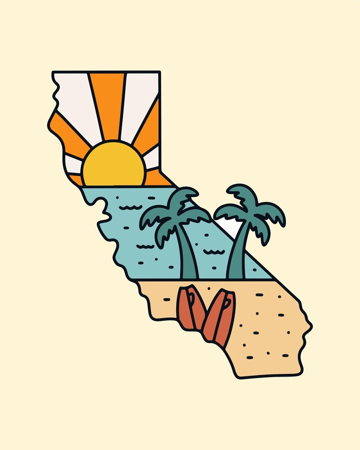 Vector mapa de california con diseño de playa de verano dentro de la ilustración de monolina