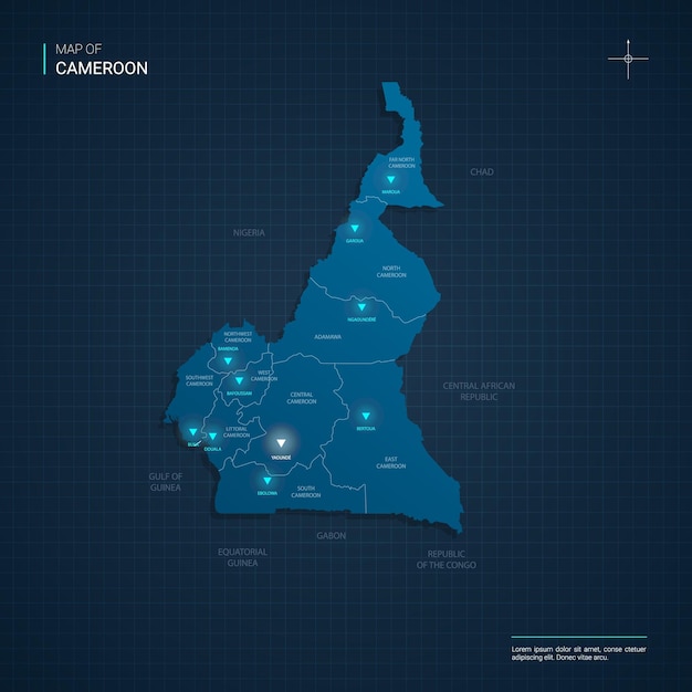 Mapa de Camerún con puntos de luz de neón azul