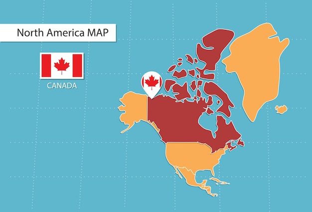 Mapa de Canadá en Estados Unidos, iconos que muestran la ubicación y las banderas de Canadá.