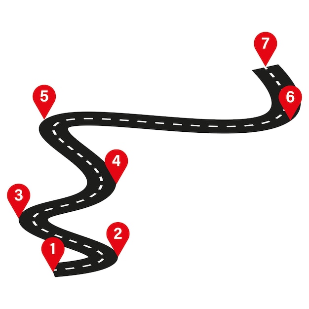 Mapa de carreteras con alfileres Carretera negra y alfileres rojos Ruta numerada Ruta de navegación