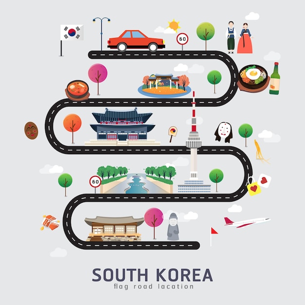 Mapa de carreteras y ruta de viaje en Corea del Sur