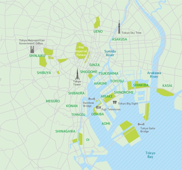 Mapa de carreteras de la zona de la bahía de tokio con nombres de lugares, lugares turísticos