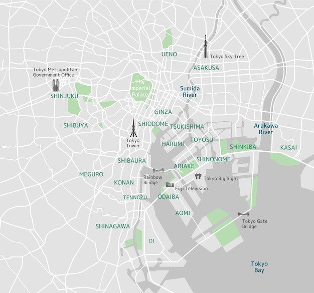 Vector mapa de carreteras de la zona de la bahía de tokio con nombres de lugares, lugares turísticos