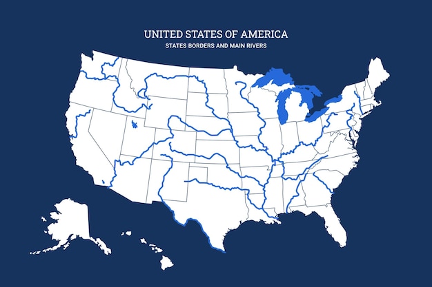 Mapa cartográfico de Estados Unidos de América con ríos, lagos y líneas estatales