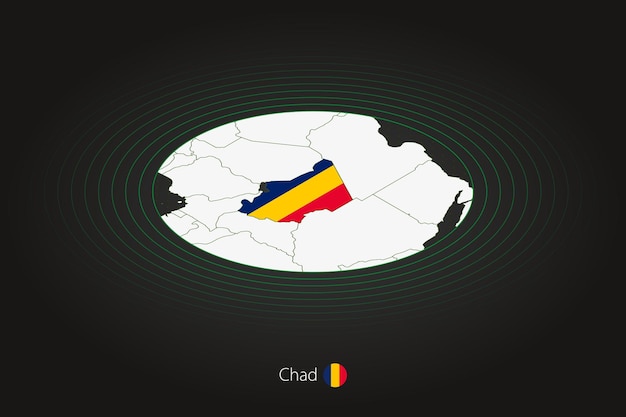 Mapa de Chad en mapa ovalado de color oscuro con países vecinos