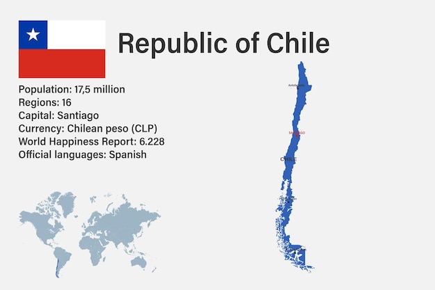 Mapa de chile muy detallado con capital de bandera y pequeño mapa del mundo