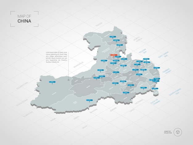 Mapa de china isométrica. ilustración de mapa estilizado con ciudades, fronteras, capitales, divisiones administrativas y marcas de puntero; fondo degradado con rejilla.