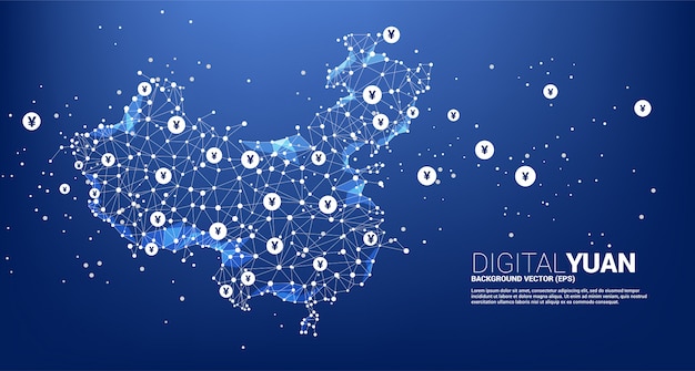 Mapa de china de la línea de conexión de puntos polygon y yuan digital. concepto para la conexión de red digital financiera china.