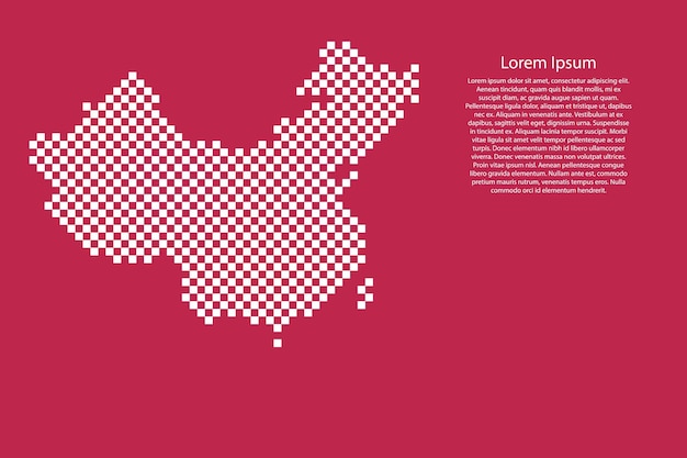 Mapa de China del país a partir de un patrón de cuadrícula cuadrada blanca a cuadros sobre fondo rojo viva magenta