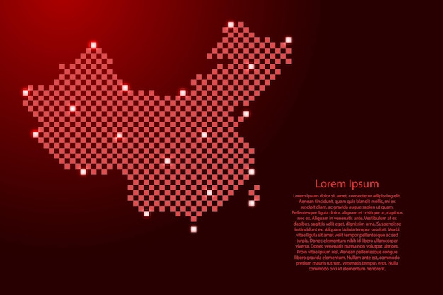Mapa de China a partir de un patrón de cuadrícula cuadrada a cuadros rojos futuristas y estrellas brillantes para tarjetas de felicitación de carteles