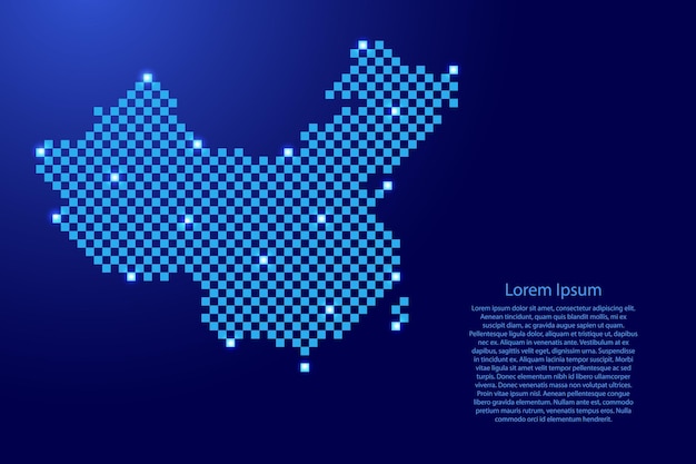 Mapa de China de un patrón de cuadrícula cuadrada a cuadros azul futurista y estrellas brillantes para tarjetas de felicitación de carteles