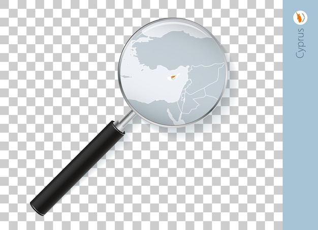 Mapa de Chipre con bandera en lupa sobre un fondo transparente