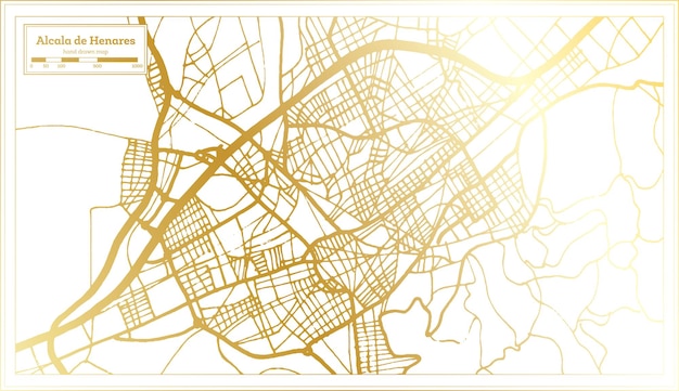 Vector mapa de la ciudad de alcalá de henares españa en estilo retro en color dorado esquema mapa vector ilustración