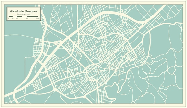 Mapa de la ciudad de alcalá de henares españa en estilo retro. mapa de contorno. ilustración de vector.