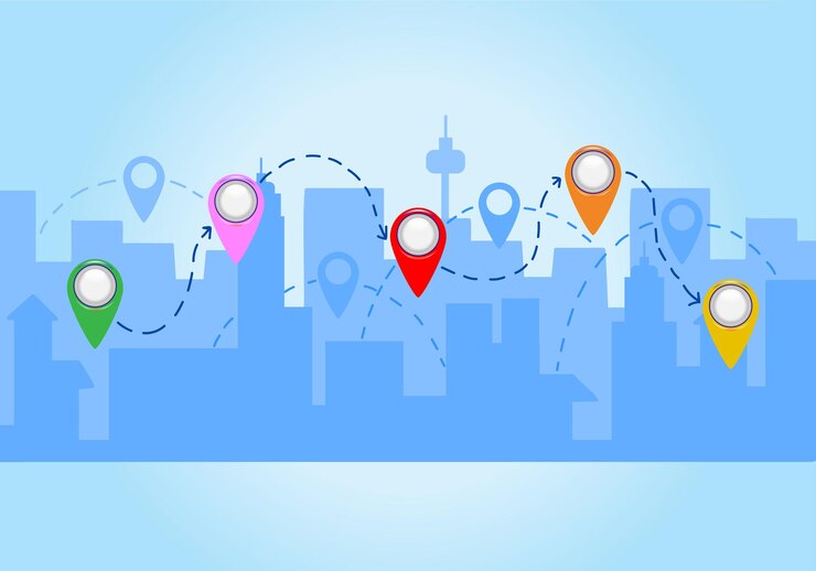 Mapa de la ciudad con alfileres. Calles y avenidas de pueblos, parques y plazas, ríos y estanques. Navegación gps urbana con punteros. Concepto de geolocalización