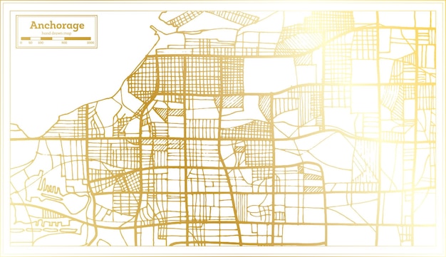 Vector mapa de la ciudad de anchorage, alaska, ee. uu. en estilo retro en color dorado mapa de contorno ilustración vectorial