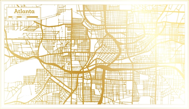 Mapa de la ciudad de Atlanta, Georgia, EE. UU. en estilo retro en el mapa de contorno de color dorado