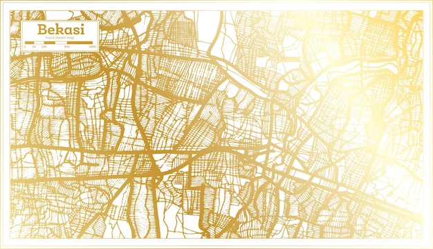 Vector mapa de la ciudad de bekasi indonesia en estilo retro en color dorado mapa de contorno