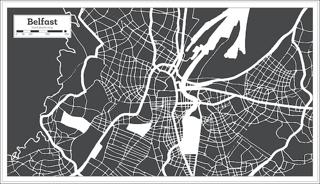 Mapa de la ciudad de Belfast Gran Bretaña en color blanco y negro en estilo retro Esquema Mapa Vector Ilustración
