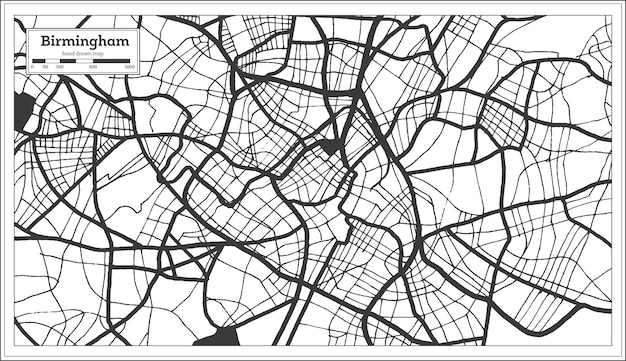 Mapa de la ciudad de Birmingham Gran Bretaña en color blanco y negro en estilo retro. Esquema del mapa. Ilustración vectorial.