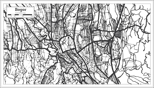 Mapa de la ciudad de bogor indonesia en color blanco y negro. mapa de contorno. ilustración de vector.