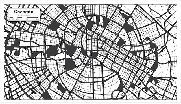 Mapa de la ciudad de Chengdu China en color blanco y negro en el mapa de contorno de estilo retro