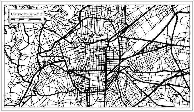 Mapa de la ciudad de ClermontFerrand Francia en color blanco y negro en el mapa de contorno de estilo retro