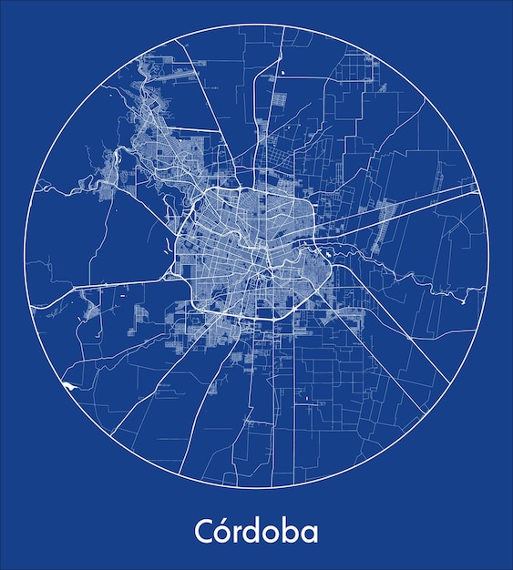 Vector mapa de la ciudad de córdoba argentina américa del sur impresión azul redonda ilustración vectorial del círculo