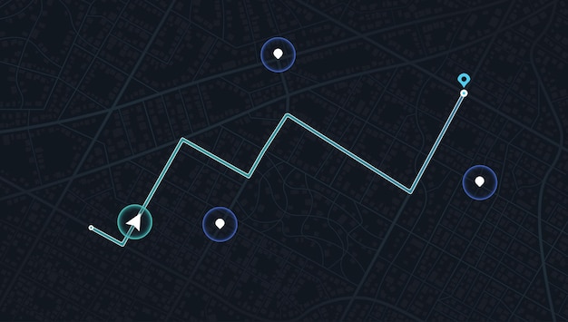 Mapa de la ciudad con destino designado y múltiples marcadores que indican varias rutas, incluida la