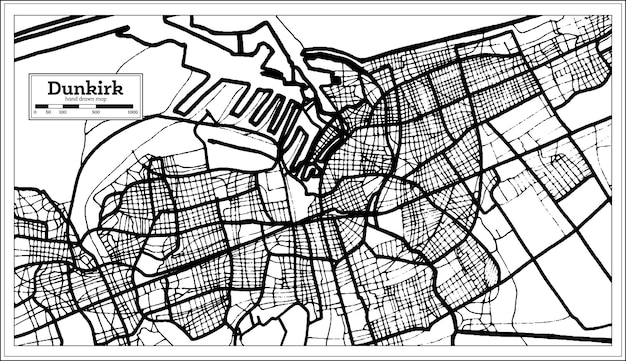 Mapa de la ciudad de Dunkerque Francia en color blanco y negro en el mapa de esquema de estilo retro