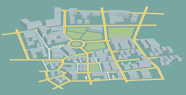 Mapa de la ciudad con edificios, parques y calles.