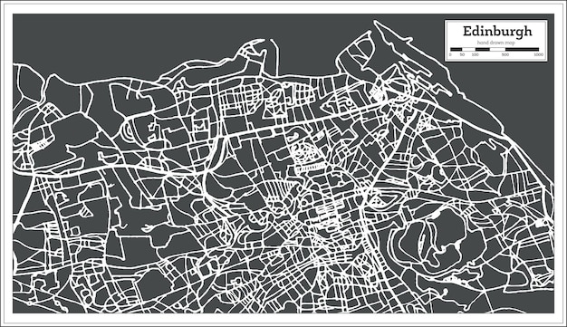 Mapa de la ciudad de edimburgo escocia en estilo retro. mapa de contorno. ilustración de vector.