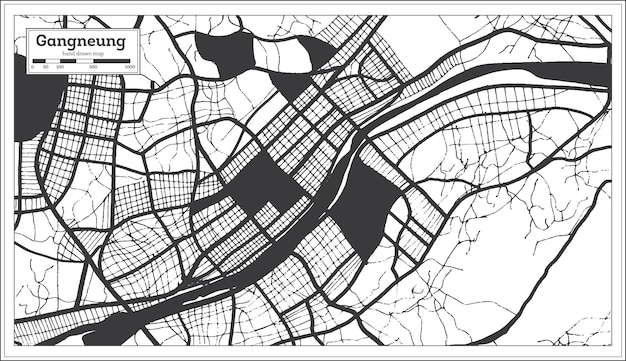 Mapa de la ciudad de Gangneung Corea del Sur en color blanco y negro en estilo retro