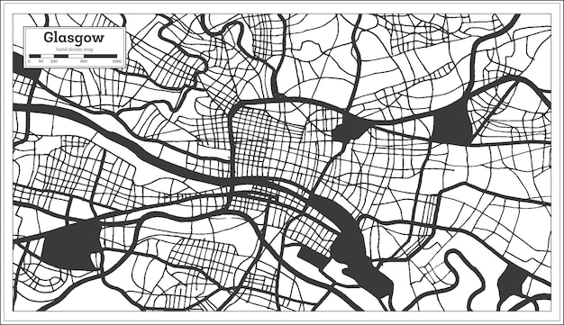 Mapa de la ciudad de Glasgow Gran Bretaña en color blanco y negro en estilo retro Mapa de contorno