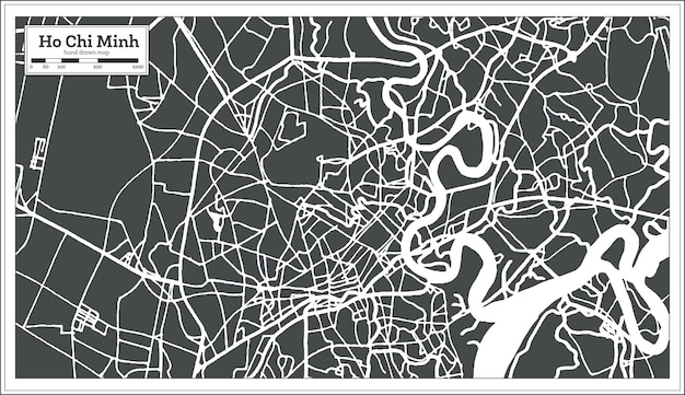 Mapa de la ciudad de ho chi minh vietnam en estilo retro. mapa de contorno. ilustración de vector.