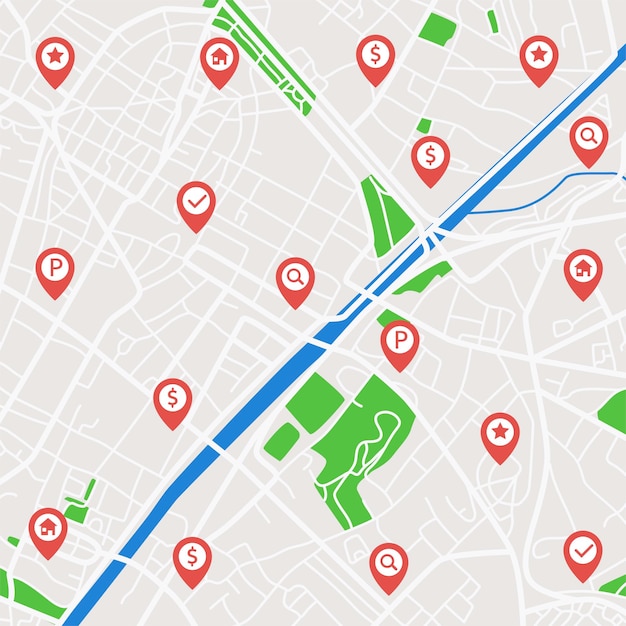Mapa de la ciudad con iconos de navegación Localización de vectores fondo geoinfográfico