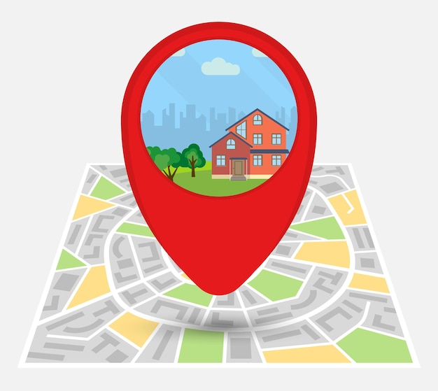 Mapa de una ciudad imaginaria con punto en el mapa con una casa solitaria Vector illustrationxA