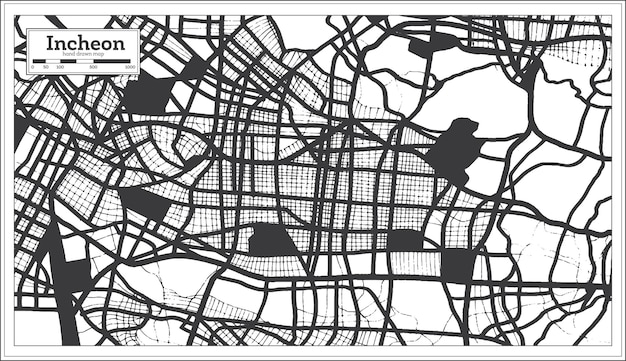 Vector mapa de la ciudad de incheon corea del sur en color blanco y negro en estilo retro