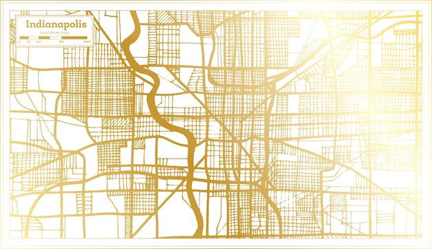 Mapa de la ciudad de Indianápolis, Indiana, EE. UU. en estilo retro en color dorado Mapa de contorno