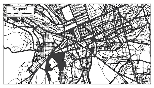 Vector mapa de la ciudad de kayseri turquía en color blanco y negro en el mapa de esquema de estilo retro