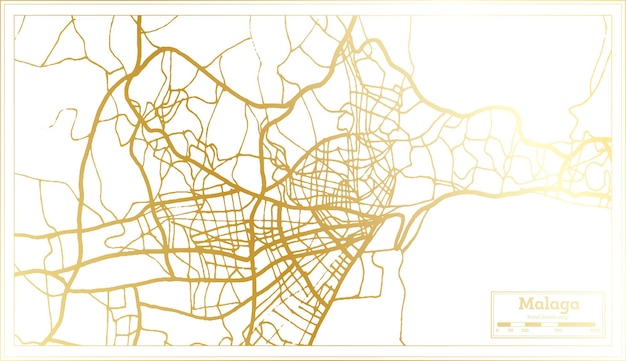 Mapa de la ciudad de málaga españa en estilo retro en color dorado mapa de contorno