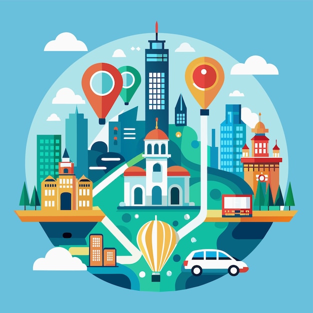 Un mapa de la ciudad marcado con una variedad de ubicaciones, incluidas calles, edificios, parques y puntos de referencia Generar un icono minimalista de un mapa de la cidade destacando puntos de referencia clave y centros de transporte