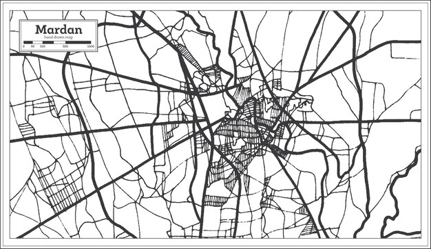 Mapa de la ciudad de Mardan Pakistán en estilo retro en color blanco y negro. Mapa de contorno. Ilustración de vector.
